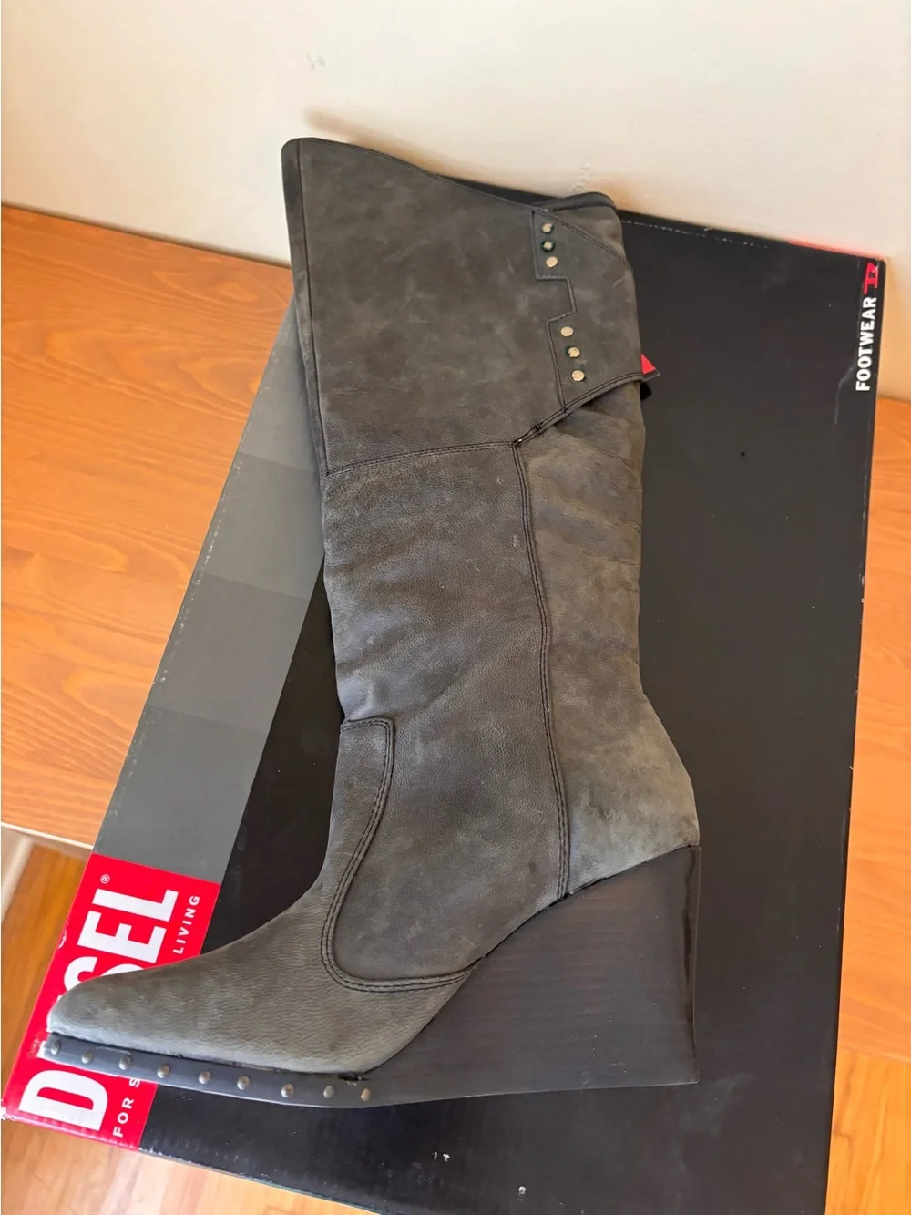 Diesel Gray Suede Wedge Over-the-Knee Boots 7.5 Leather Upper New with Tags